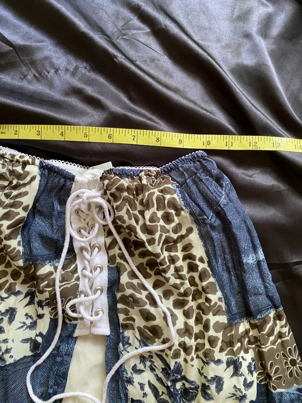 Vintage y2k Denim Leopard Lace Patchwork Laceup Boho Western Fairy Skirt Size 6 - Picture 4 of 8